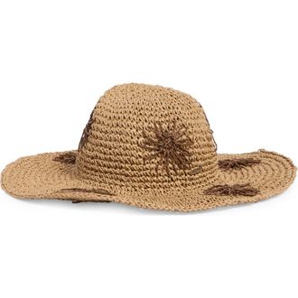 Steve Madden Floral Embroidered Straw Floppy Hat in Tan at Nordstrom Rack