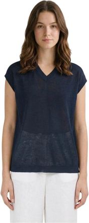 Max Mara Ghianda Short Sleeve Linen Shirt - Dames - V-hals truien - Blauw - XS - Linnen - Truien & Vesten