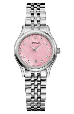 Balmain Beleganza Diamond & Mother-of-Pearl Bracelet Watch, 27.5mm in Pink Mop Stainless Steel at Nordstrom