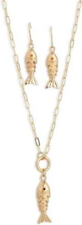 Natasha Articulated Fish Earrings & Pendant Necklace Set in Gold/Ivory at Nordstrom Rack