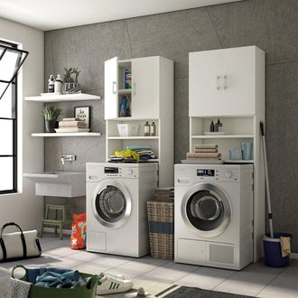 Terraneo Terraneo - Mueble Multiusos Encima De La Lavadora Con Dos Estantes Y Dos Puertas Blancas