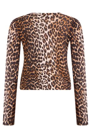 Ganni Leopard-Print Wool Cardigan - Brown