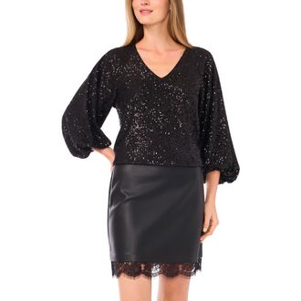 Vince Camuto Sequin Balloon Sleeve Top in Rich Black at Nordstrom Rack, Size Xx-Small