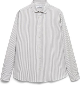 Mango Regular Fit Stripe Cotton Button-Up Shirt in Khaki at Nordstrom, Size X-Large