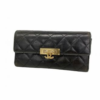 Chanel Black Leather Long Wallet (Bi-Fold) (Pre-Owned)