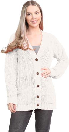 Janisramone Ladies Long Sleeve Cardigans, V Neck Button up Cable Knit Cardigan Women, Knitwear Women, Warm Chunky Cardigans for Women UK, Grandad Winter Jumper To