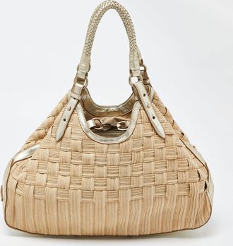 Cole Haan Beige/gold Woven Canvas And Leather Satchel