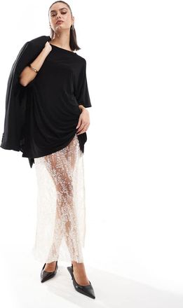 Asos Vestito stile T-shirt 2 in 1 nero con gonna midi con paillettes-Verde