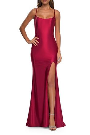 La Femme Chic Stretch Satin Dress with Illusion Mesh Back in Deep Red at Nordstrom, Size 2