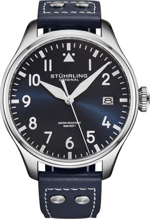 St&uuml;hrling Mens Airman 4078 Quartz Mens 43mm Pilot Watch - Blue Stainless Steel - One Size