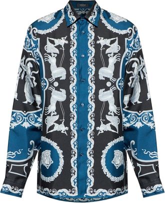 Versace Blue Baroque-Print Silk Long-Sleeve Shirt
