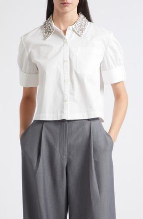 Toccin Zadie Rhinestone Collar Stretch Poplin Button-Up Shirt in Optic at Nordstrom, Size X-Small