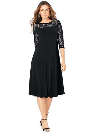 Roaman's Plus Size 3/4 Sleeve Allover Lace Swing Dress in Black at Nordstrom, Size 32