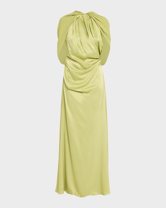 Rachel Gilbert Hallie Draped Satin Cape-Sleeve Gown