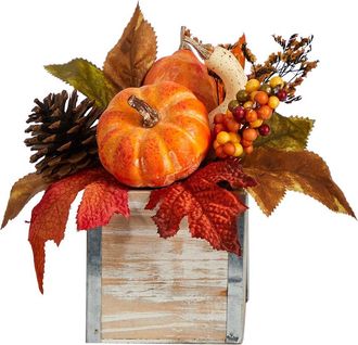 Nearly Natural 8In Fall Pumpkin, Gourd, Berries & Pinecones Artificial Arrangement In Vase