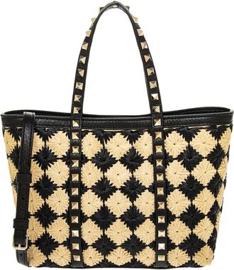 Valentino Rockstud Embroidered Raffia & Leather Mini Tote