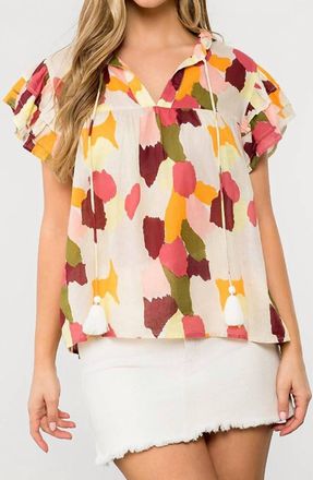 THML Clothing Spotted Flutter Sleeve Top In Cream Multi Color