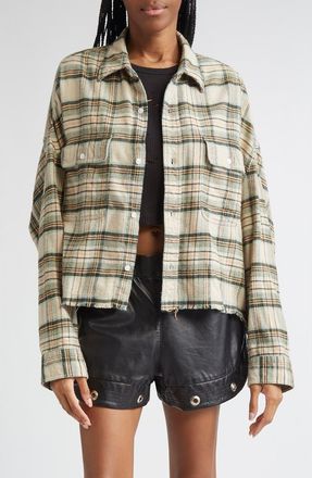 R13 Crop Plaid Flannel Button-Up Shirt in Cream/Turquoise Plaid at Nordstrom, Size X-Small