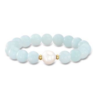Ross-Simons 12-13mm Cultured Baroque Pearl and Milky Aquamarine Stretch Bracelet With 14kt Yellow Gold