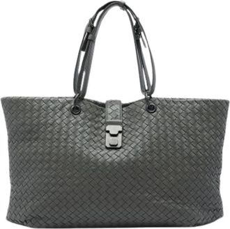 Bottega Veneta Pre-owned Woven Leather Tote Bag - Dames - Vintage Shopper - Grijs - ONE Size - Leer - Vintage