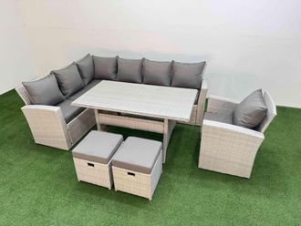 Fimous 9 Seater Rattan Garden Furniture Set with Dining Table Chair 2 Stools in Light Grey