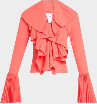 Alexander McQueen Long-Sleeve V-Neck Pleated Ruffle Blouse