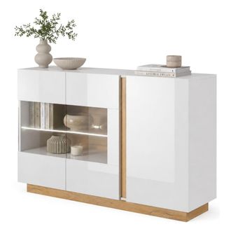 Dmora Aparador Haka, Armario 3 Estantes, Puerta Abatible, 3 Puertas, 138x40x91h Cm Blanco Brillante