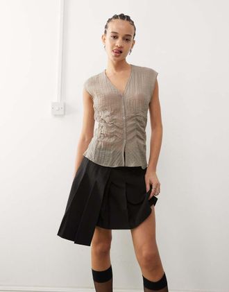 Weekday sheer sleeveless blouse top with v neck and corset waist detail in mole-Neutral