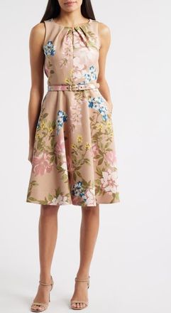 Tahari by ASL Floral Pleat Neck Sleeveless Fit & Flare Dress in Blush Toast at Nordstrom, Size 10