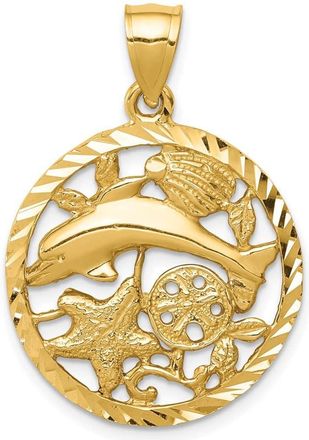 Diamond2Deal 14k Yellow Gold Diamond-cut Dolphin and Shells Circle Pendant