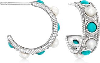 Ross-Simons Turquoise and 3-3.5mm Cultured Pearl Hoop Earrings in Sterling Silver