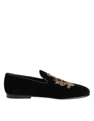 Dolce & Gabbana Black Velvet Gold Crown Mens Loafers Mens Shoes