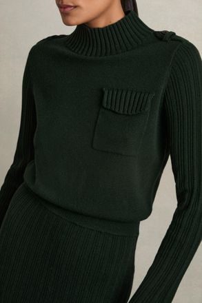 Reiss Womens Dark Khaki Wool Knitted Utility Midi Dress, Size: XL