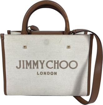 Jimmy Choo London Beige Leather Canvas Handbag Shoulder Bag Tote Bag (Pre-Owned)