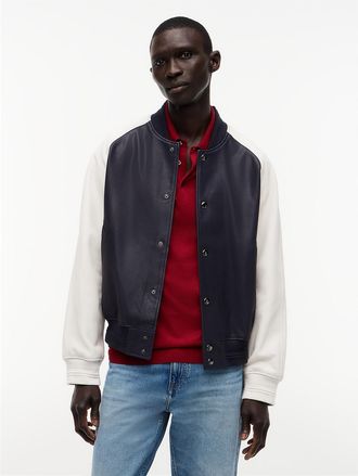 Tommy Hilfiger Mens Colorblock Leather Varsity Bomber Jacket - Navy - XL