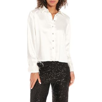 Muse Feather Trim Satin Button-Up Shirt in White at Nordstrom Rack, Size 10