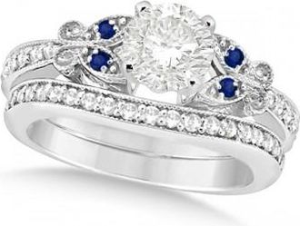 Allurez Round Diamond & Blue Sapphire Butterfly Bridal Set in 14k W Gold 1.21ct