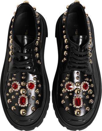 Dolce & Gabbana Womens Black Leather Jeweled Crystals Derby Shoes