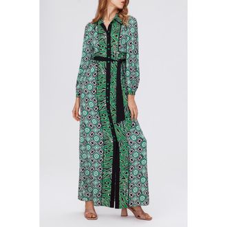 Diane Von F&uuml;rstenberg Joshua Long Sleeve Maxi Shirtdress in Paper Cut Geo/wtr Tyg Gn Lg at Nordstrom Rack, Size 00