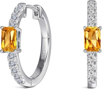 MAX + STONE 925 Sterling Silver Emerald Cut Round Gemstone Hoop Earrings with Cubic Zirconia