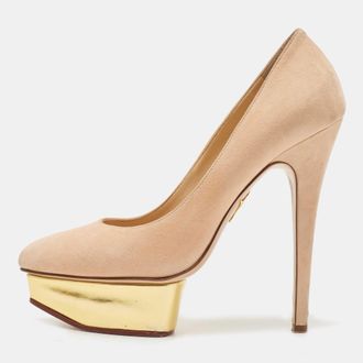 Charlotte Olympia Beige Suede Dolly Platform Pumps