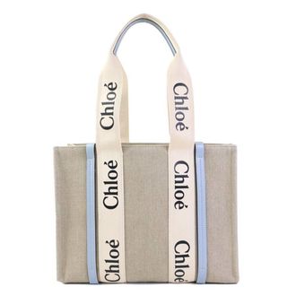 Chlo&eacute; Beige Light Blue Canvas Leather Tote Bag (Pre-Owned)