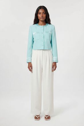 Karen Millen Womens Satin Tux Tailored Collarless Cropped Blazer - Pale Blue - Size 16 UK