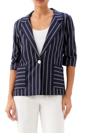 Karen Kane Stripe Ruched Sleeve Stretch Cotton Jacket in Navy at Nordstrom, Size X-Large
