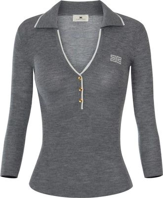 Elisabetta Franchi Ribgebreide poloshirt - Dames - V-hals truien - Grijs - S - Wol - Truien & Vesten