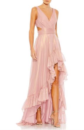 Mac Duggal Side and Back Cut Out High Low Ruffle Gown in Rose Gold at Nordstrom, Size 14