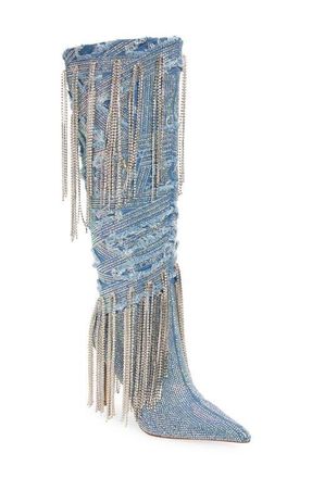 Azalea Wang App Fringe Knee High Boot in Denim at Nordstrom, Size 10