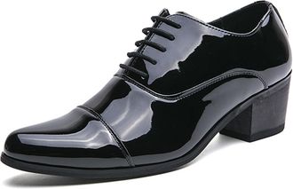 Generic Mens Fashion Pointed Toe Dress Business Shoes Heeled High Heels Patent Leather Lace Up Derby Oxford Shoe Black (Black,6.5)