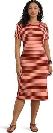 Lauren Ralph Lauren Petite Striped Cotton-Blend Ribbed T-Shirts Dress Womens Dress Cruise Red/Birch Tan : PXS, Cotton/Elastane/Modal