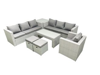 Fimous Wicker PE Rattan Sofa Garden Furniture Set with Oblong Coffee Table Armchair 2 Small Footstools Side Table Light Grey Mixed